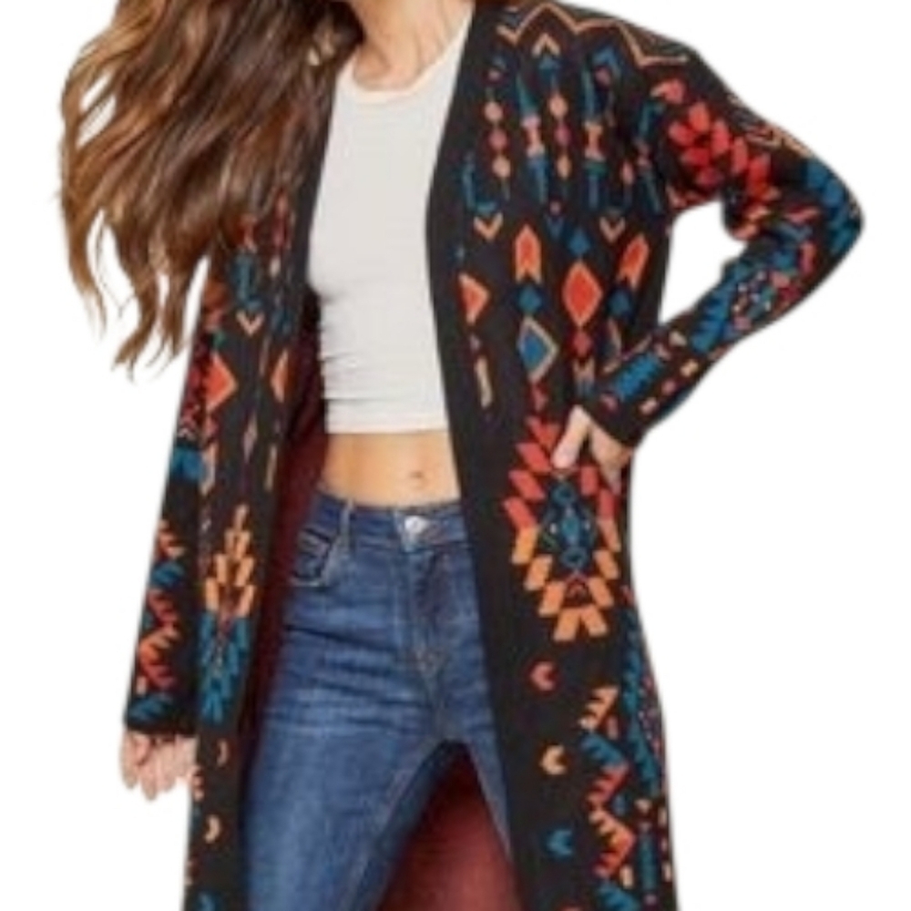 Savanna Jane Aztec Southwestern Long Cardigan Black Multicolor Knit Size M